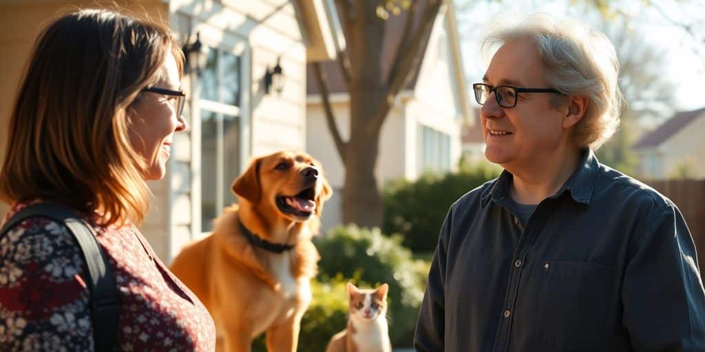 Duas pessoas sorrindo ao ar livre com um cachorro e um gato por perto - se perguntando o que fazer se seu mascote ladra ou maúlla também?.