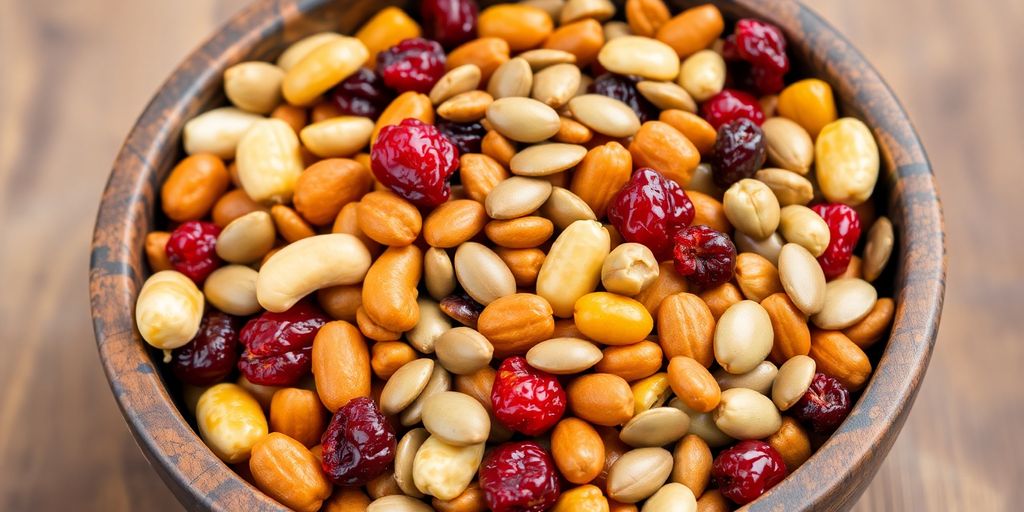 Uma tigela de madeira com nozes, sementes e cranberries - perfeita para receitas fáceis de salgadinhos caseros e saludáveis.