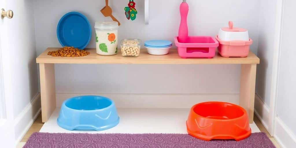 Um comedouro para animais de estimação com tigelas azuis e vermelhas — perfeito para Tips para organizar los objetos de tu mascota