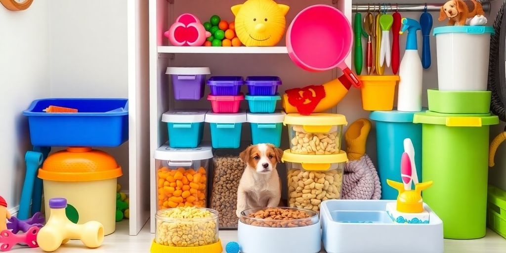 Um cachorrinho sentado perto de brinquedos e comida para animais de estimação bem arrumados - Tips para organizar los objetos de tu mascota