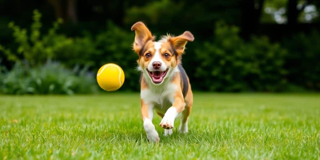 Um cachorro feliz corre na grama em direção a uma bola - um dos muitos truques fáceis para entreter seu mascote quando você está fuera.