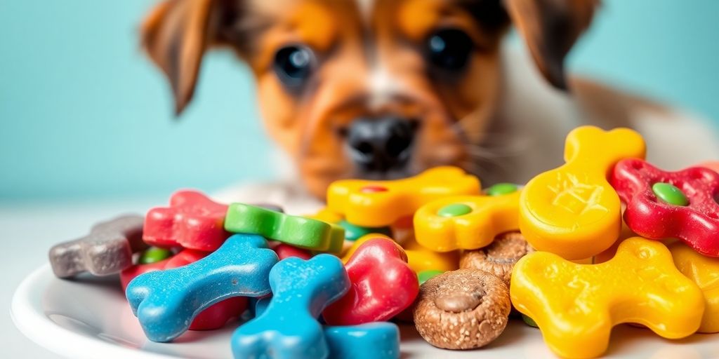 Um cachorrinho olha para um prato de guloseimas coloridas em formato de cachorro - Trucos fáciles para entretener a tu mascota cuando estás fuera .
