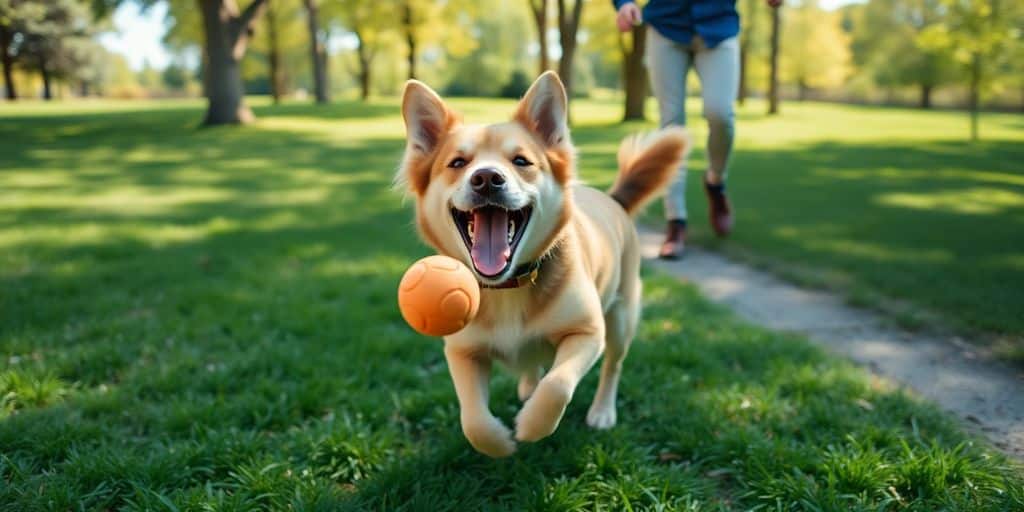 Perro feliz jugando en un parque soleado.