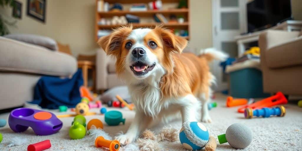 Perro juega y hace lío en la sala de estar.