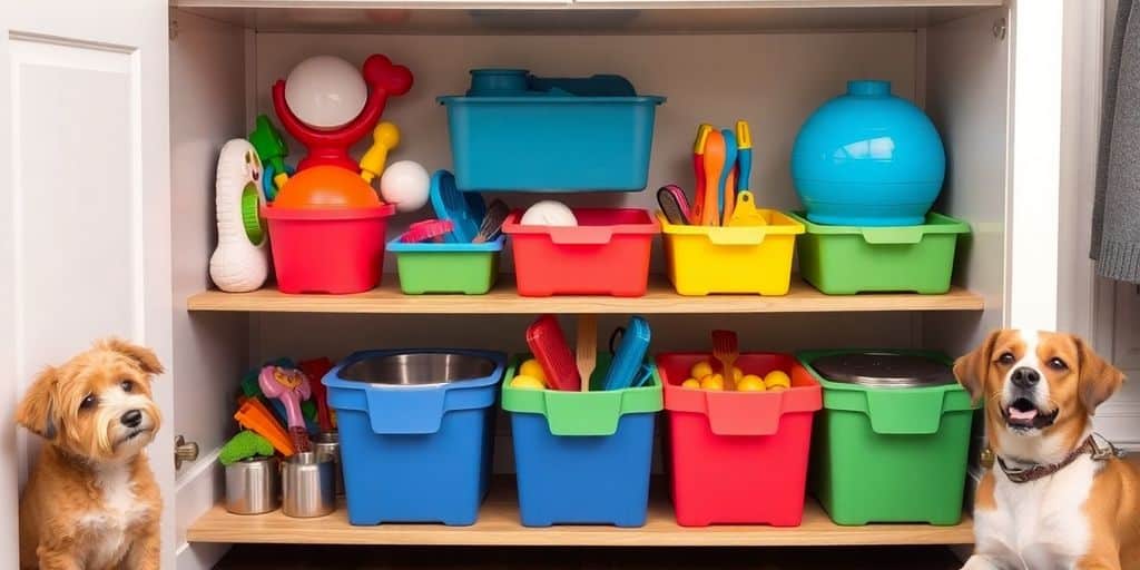 Espacio organizado para mascotas con juguetes y accesorios.