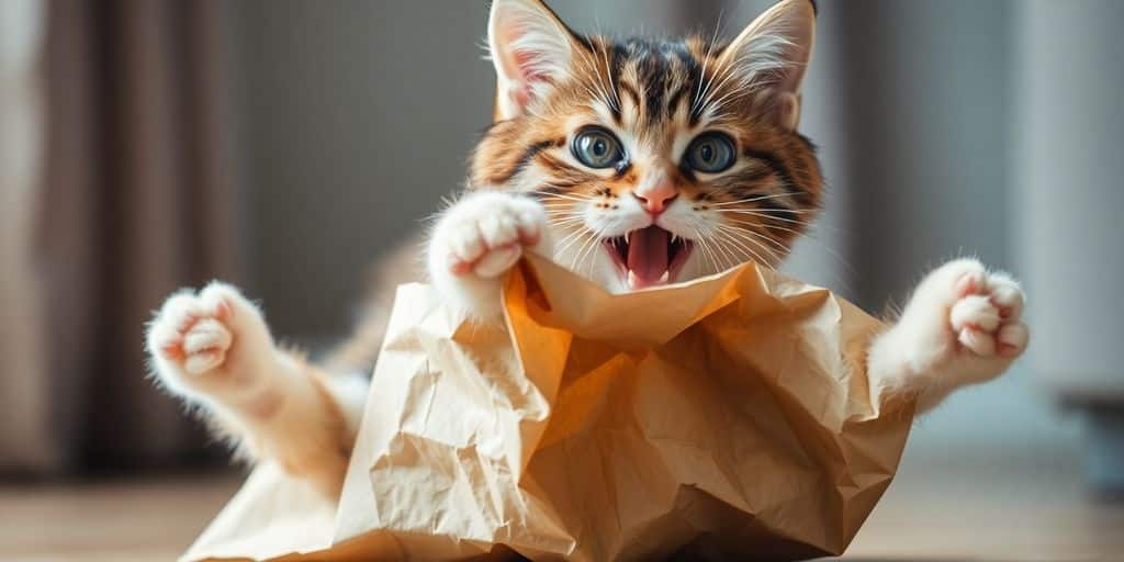 Gatito animado que demuestra de forma divertida cómo jugar con su gato sin salir de casa saltando dentro de una bolsa de papel arrugada.