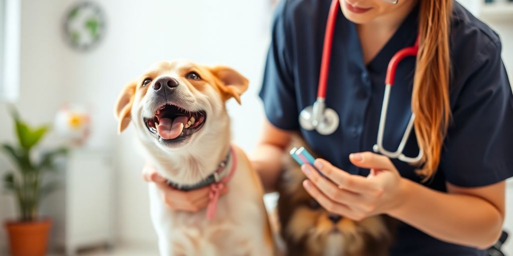 Um cão feliz no veterinário, sendo examinado por um veterinário de uniforme azul com conselhos simples para mantê-lo feliz.