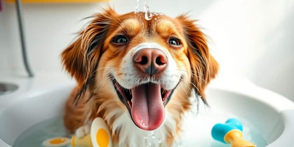 Um cão marrom e branco feliz aproveitando um banho, com a língua de fora e cercado de brinquedos — Consejos simples para mantener feliz a tu mascota todos los días