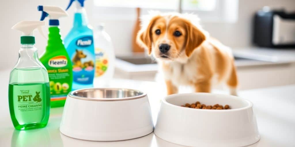 Comedero y bebedero limpios para mascotas sobre una mesa.