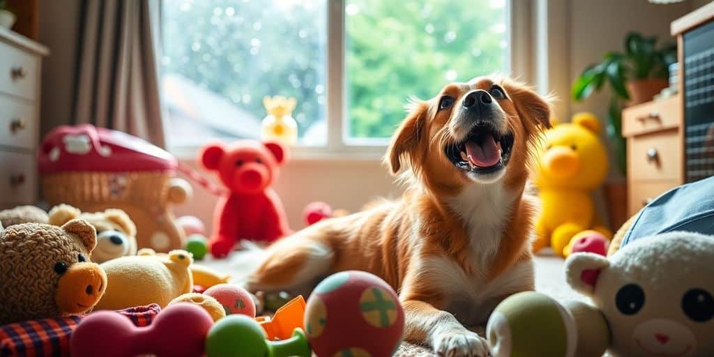 Perro feliz jugando dentro de casa en un día lluvioso.