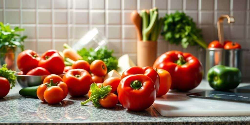 Cocina limpia con ingredientes frescos y herramientas desinfectadas.