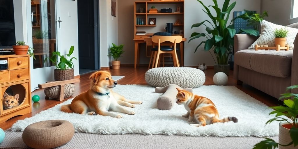 Perro y gato jugando en un departamento acogedor.
