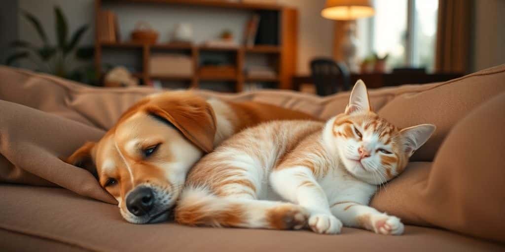 Perro y gato descansando juntos en un sofá.