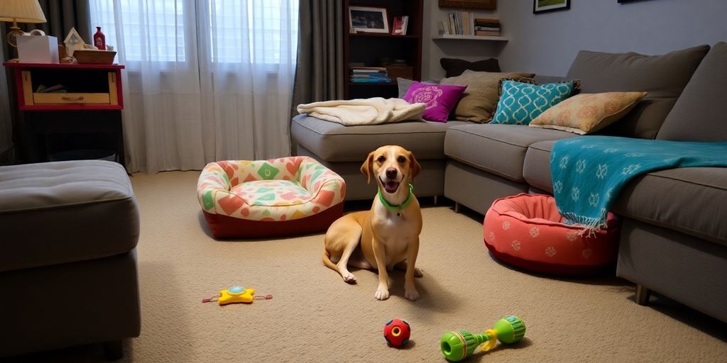 Sala de estar acogedora con juguetes para mascotas.
