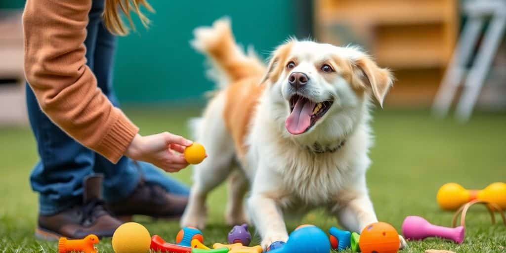 Perro jugando con su dueño mientras aprende obediencia.