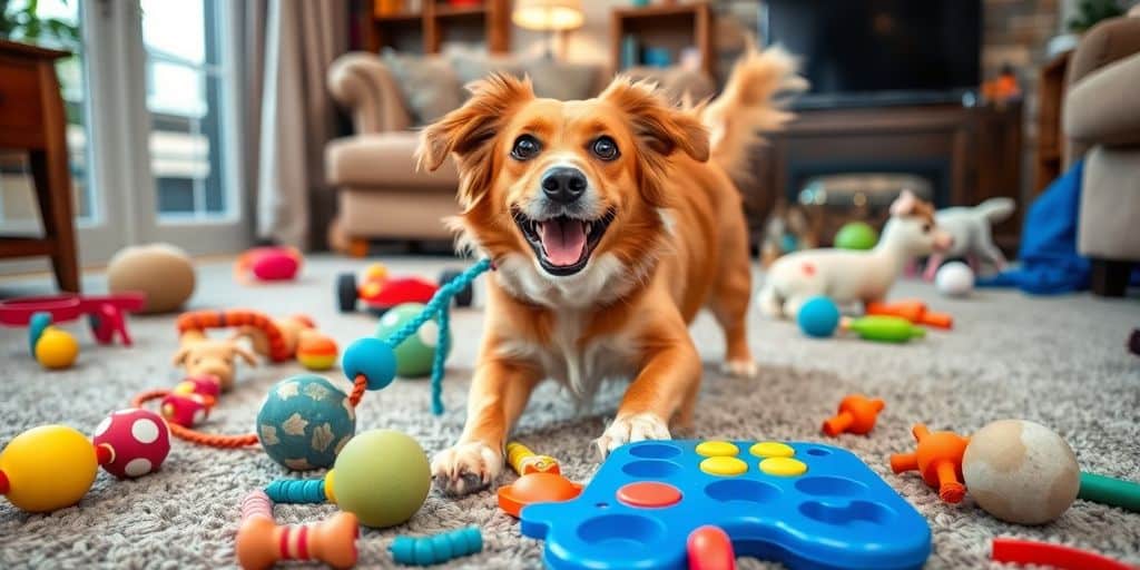 Perro jugando en casa con juguetes y actividades.