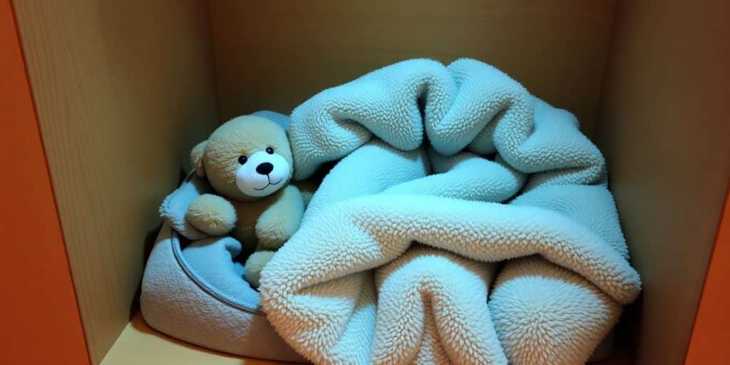 Un osito de peluche sentado junto a una manta suave — perfecto para actividades que ayudan a reducir la ansiedad de tu mascota en días lluviosos.
