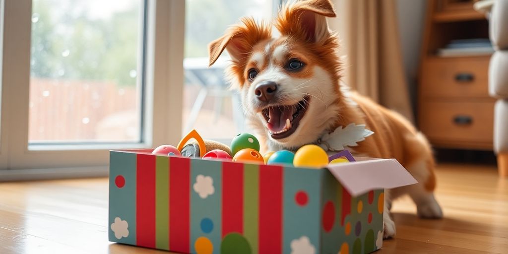 Un perro feliz se encuentra junto a una caja colorida llena de pelotas de plástico, perfecta para actividades para reducir la ansiedad de tu mascota en días lluviosos.