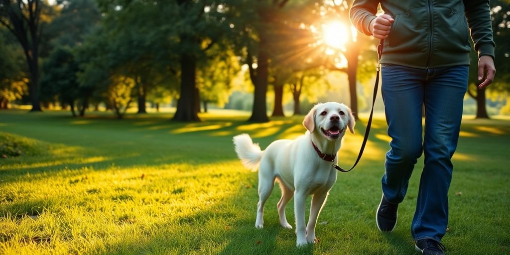 Persona paseando con un perro feliz con correa en un parque soleado — mostrando cómo adaptar tu rutina cuando tu mascota envejece.