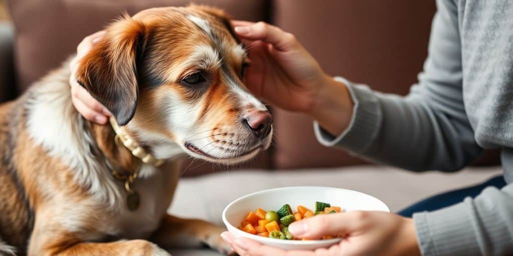 Una persona acaricia con ternura a un perro triste, mostrando cómo adaptar tu rutina cuando tu mascota envejece con cariño y cuidados.