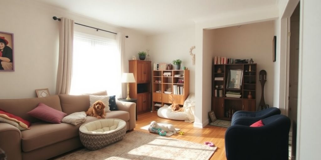 Sala iluminada con sofá y perros, mostrando cómo dividir espacios en casa entre humanos y mascotas cómodamente.