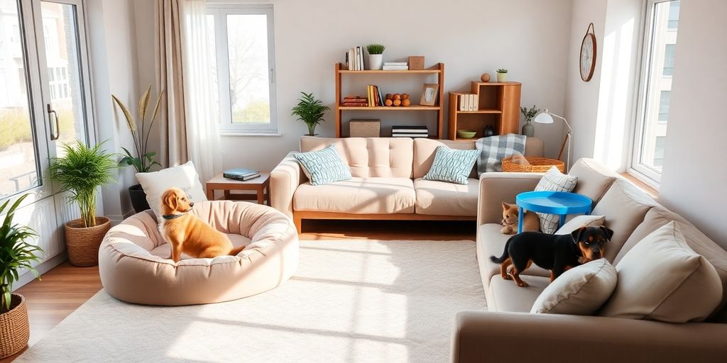 Sala soleada con dos perros y una decoración acogedora — mostrando cómo dividir espacios en casa entre humanos y mascotas.