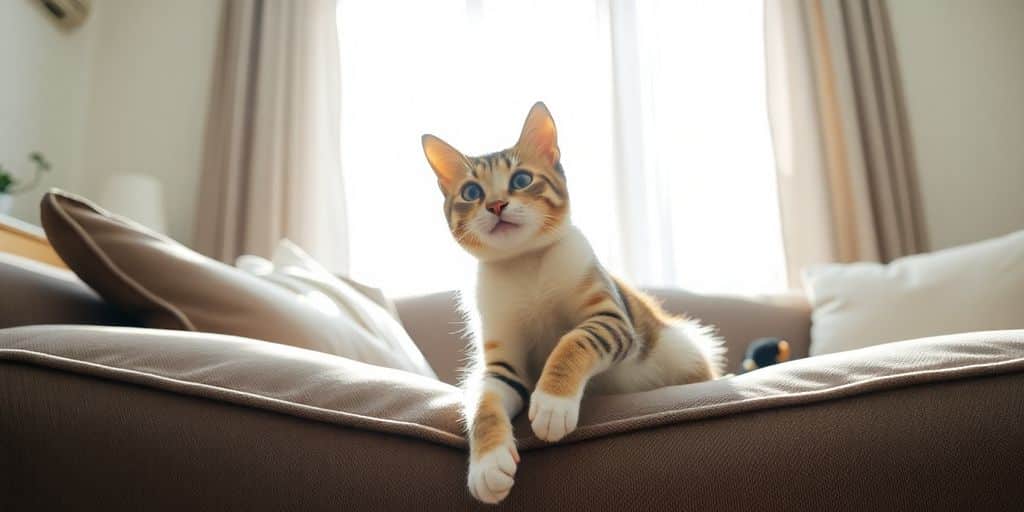 Un gato descansa en un sofá en una sala iluminada por el sol – aprende Cómo evitar que tu mascota rasguñe muebles y cortinas