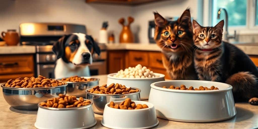 Un perro y dos gatos en una cocina, mostrando cómo organizar los horarios de comida en hogares con varias mascotas.
