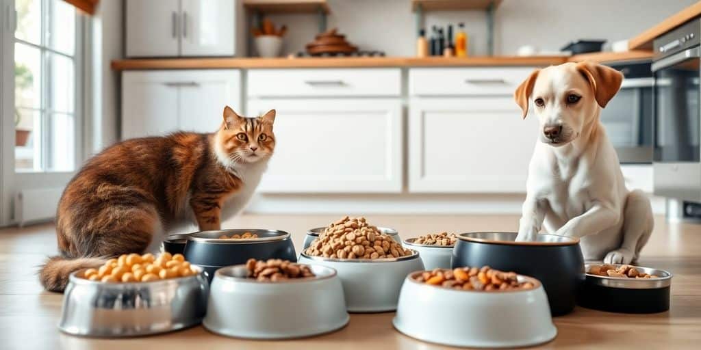 Un gato y un perro están sentados en una cocina, mostrando cómo organizar los horarios de comida en hogares con varias mascotas.