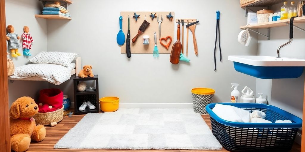 Um quarto arrumado, do tamanho de uma criança, com ferramentas de limpeza inspiradas em Cómo organizar una rutina de limpieza semanal para tu mascota