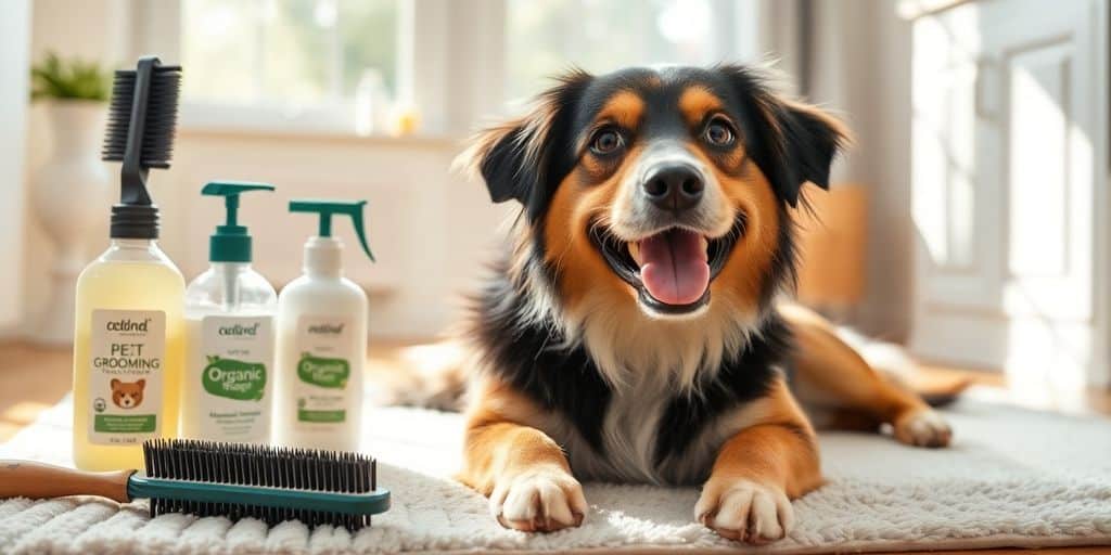 Cachorro feliz em um tapete com produtos de higiene, mostrando Cómo organizar una rutina de limpieza semanal para tu mascota.