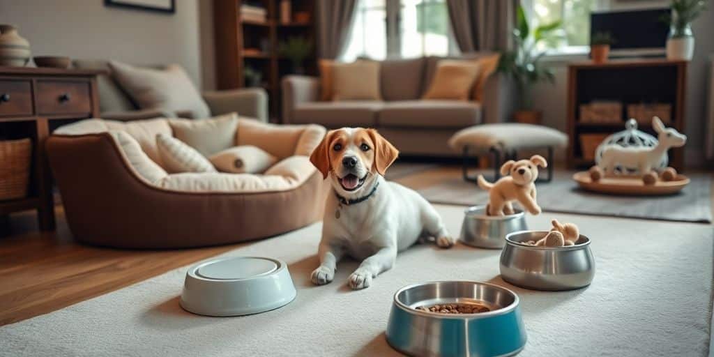 Un perro feliz está acostado en una alfombra cerca de sus platos de comida — perfecto después de aprender cómo preparar la casa antes de traer una nueva mascota.