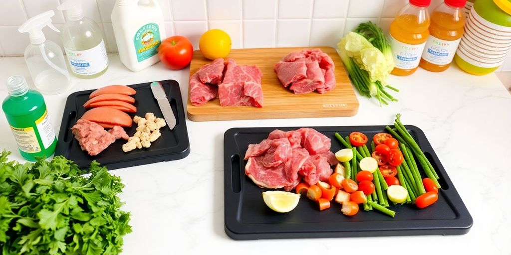 Carne crua picada e vegetais em tábuas, com dicas: Consejos para mantener el plato de comida siempre libre de bacterias