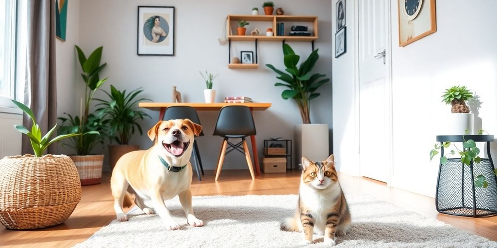 Un perro feliz y un gato relajado sentados juntos en una sala iluminada — consejos para vivir con mascotas en departamentos sin patio.