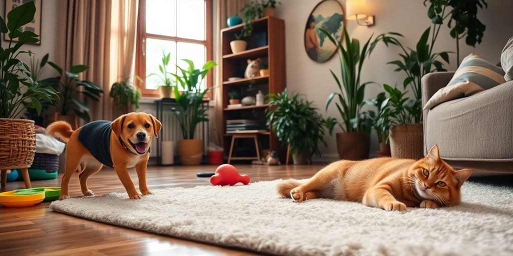 Un perrito está sobre una alfombra junto a un gato naranja en una sala de estar acogedora y llena de plantas — consejos para vivir con mascotas en departamentos sin patio.