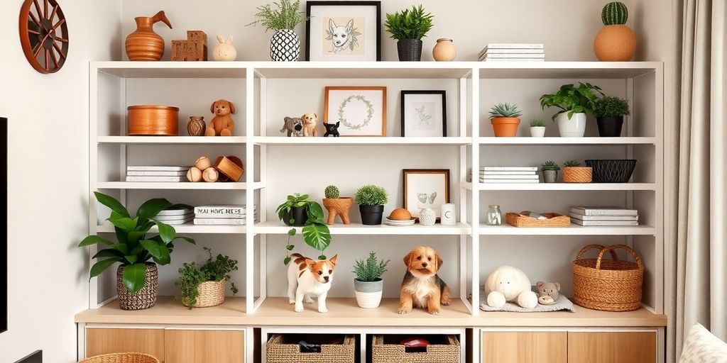 Estanterías blancas con plantas y decoración ofrecen ideas para adaptar espacios pequeños para mascotas en un ambiente acogedor e iluminado.