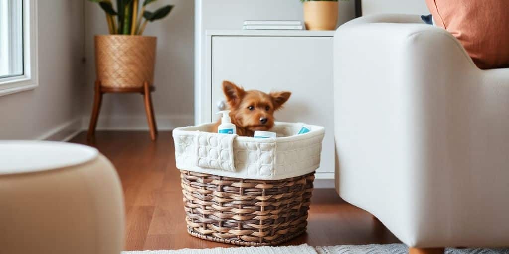 Perrito marrón en una cesta – inspiración e ideas para una sala de estar acogedora y para adaptar espacios pequeños para mascotas.