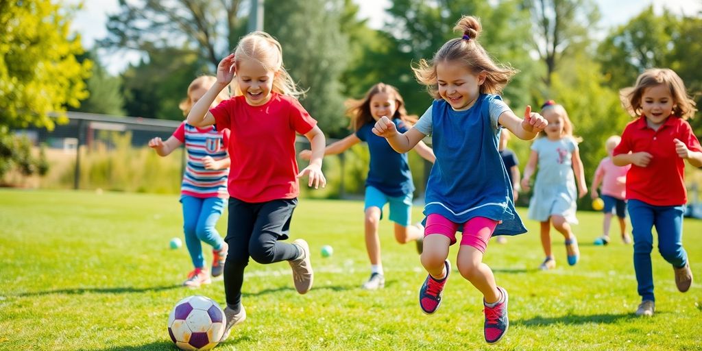 Niños jugando al fútbol en un campo soleado, sonriendo mientras participan en juegos de refuerzo positivo para enseñar buenos hábitos.