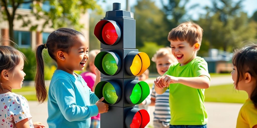 Las niñas y los niños juegan al aire libre con un semáforo de juguete, disfrutando de juegos de refuerzo positivo para aprender buenos hábitos.