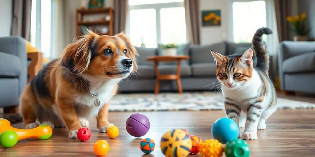 Perro y gato jugando con juguetes coloridos en casa.
