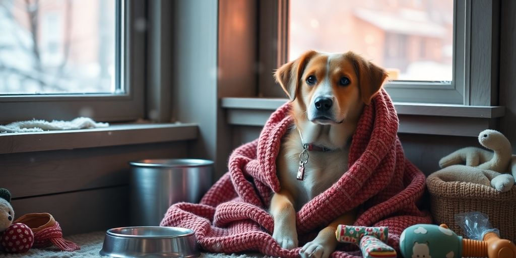 Perro envuelto en una manta junto a la ventana.