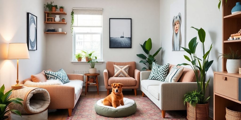 Espacio pequeño adaptado para mascotas con estilo moderno.