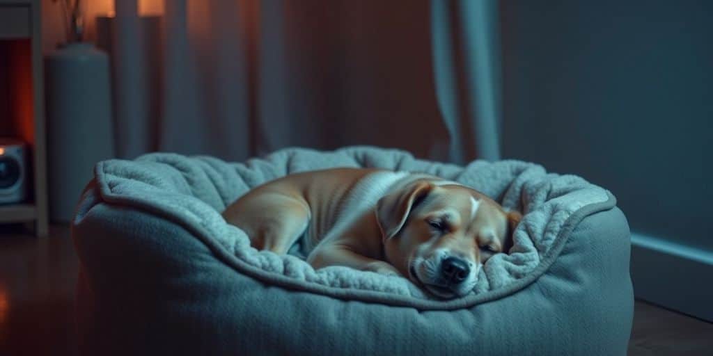 Perro durmiendo en una cama cómoda y tranquila.