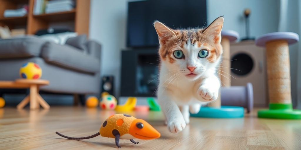 Gato jugando con un ratón de juguete en casa.