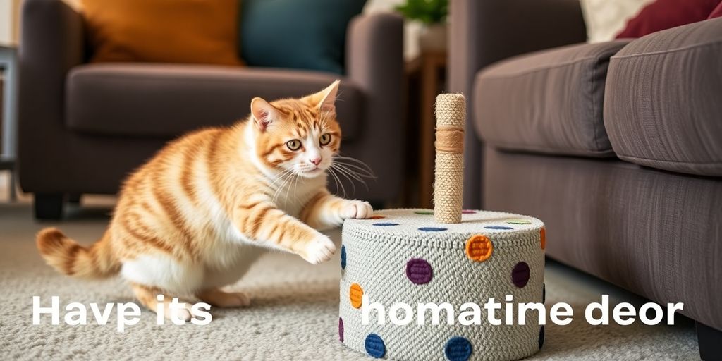Gato jugando con un rascador en un hogar acogedor.